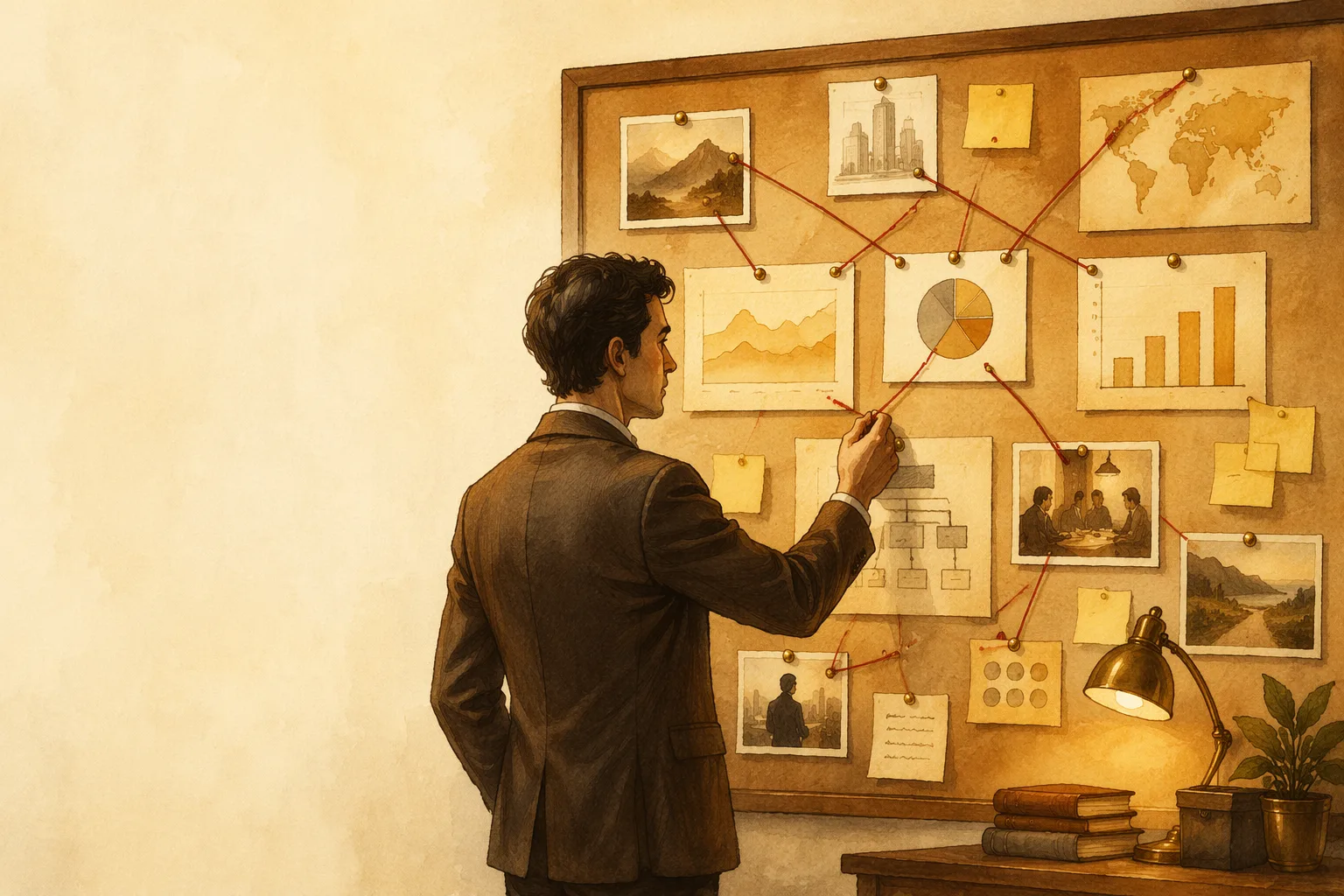 A consultant connecting pinned research on an evidence board