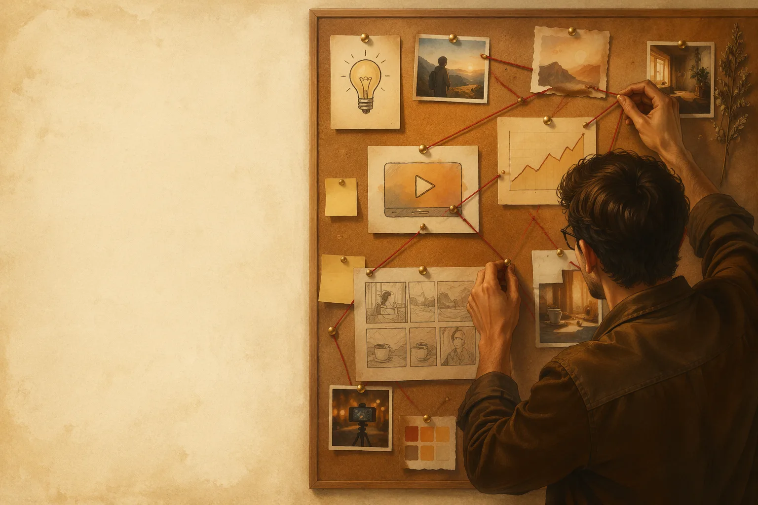 A content creator connecting pinned ideas, clips, and references on an evidence board