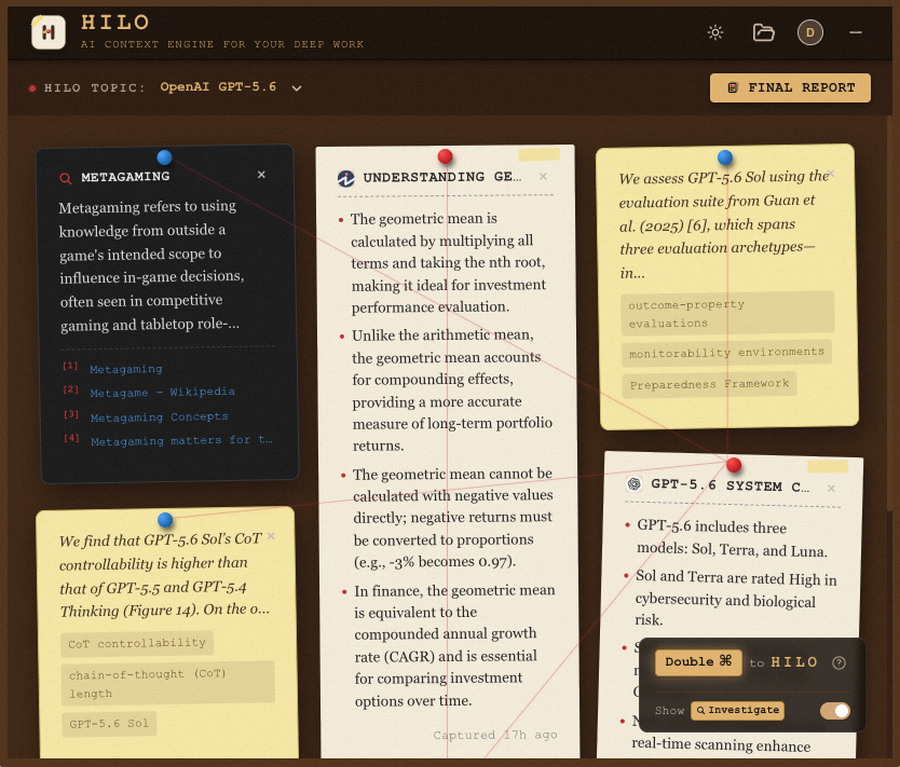 Hilo extension overlay showing evidence cards on a research page
