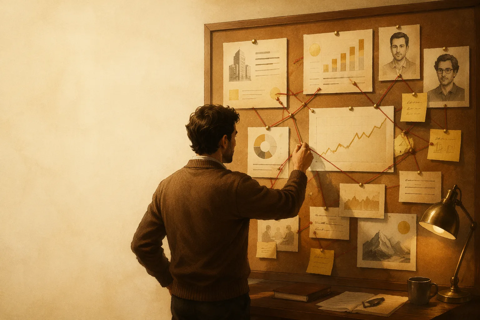 An investor connecting pinned company research on an evidence board