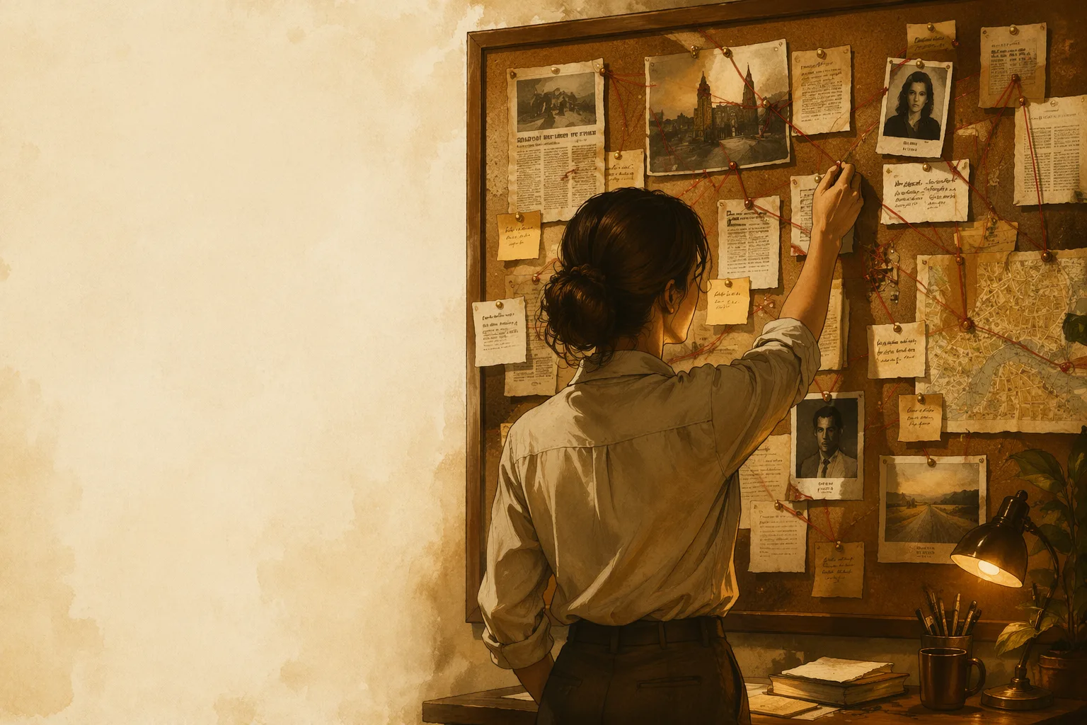 A journalist connecting pinned sources, clippings, and a timeline on an evidence board