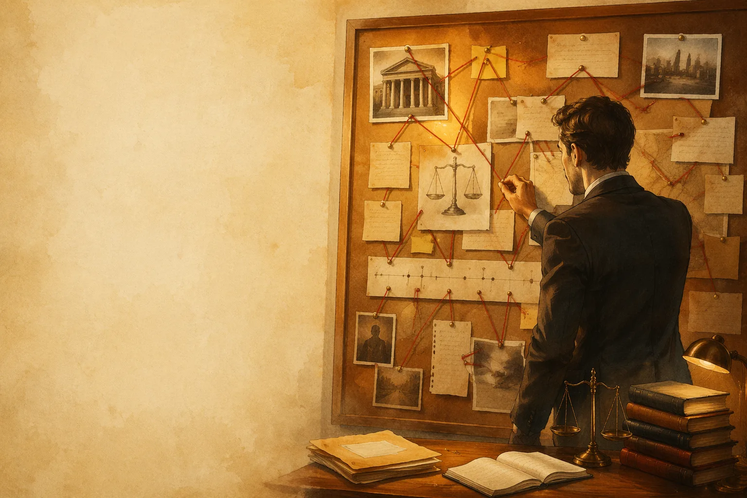A lawyer connecting pinned case files and statutes on an evidence board