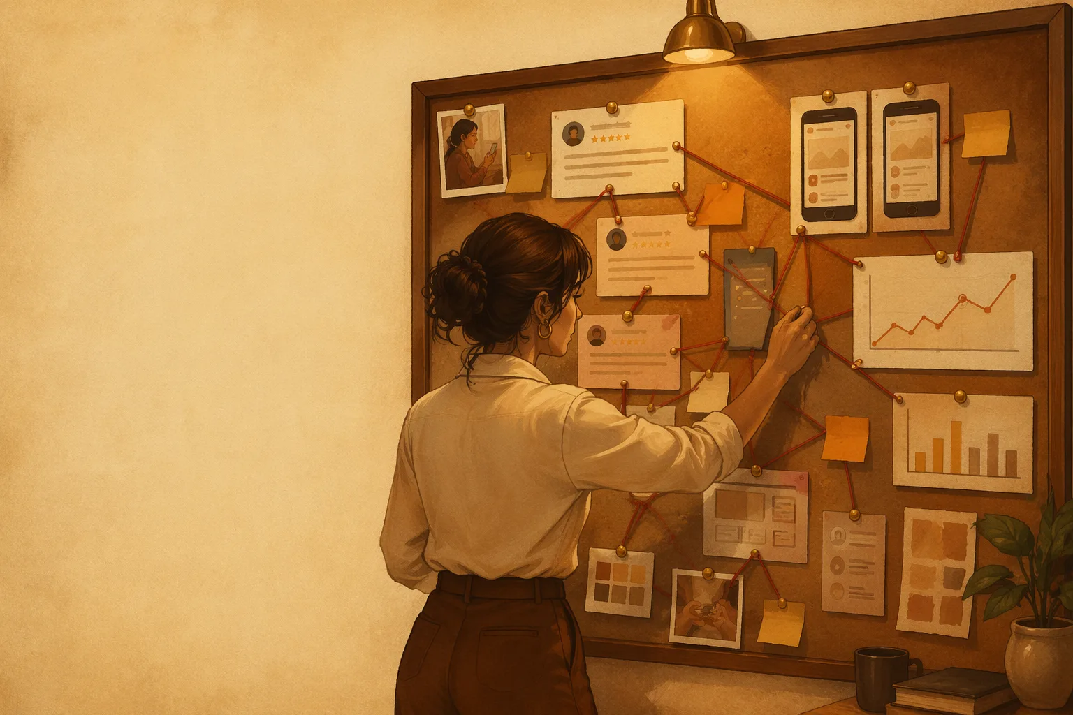 A product manager connecting user feedback, competitor screenshots and charts on an evidence board
