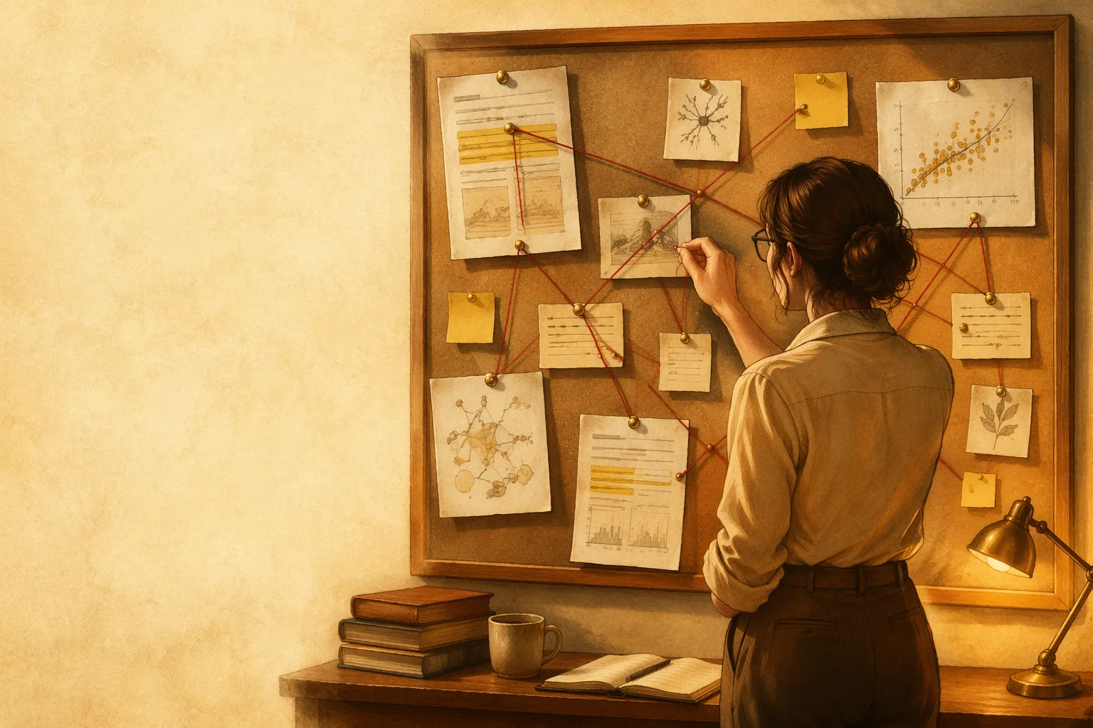 A researcher connecting pinned papers, citations, and charts on an evidence board